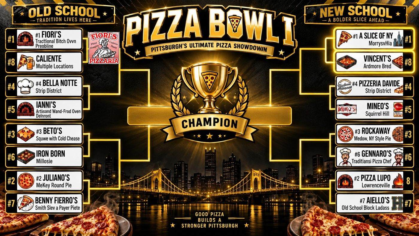 Pizza Bowl I baseline bracket: sixteen Pittsburgh-area shops in Old School and New School divisions